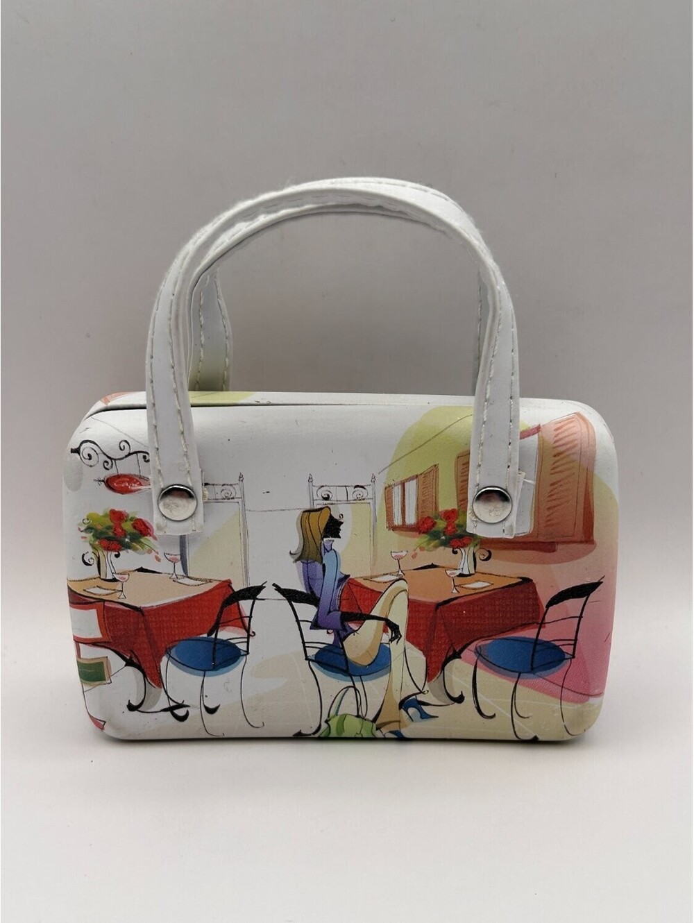 Travel Manicure Set Purse Shape Hard Case Cafe Scene 6 Piece Stainless Grooming